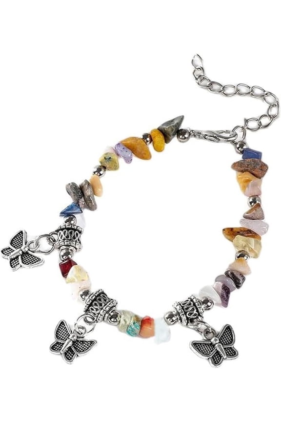 Natural Stone Butterfly Bracelet Handmade Friendship Bracelets Natural Gemstone Beaded Butterfly Charm Bracelet Multi-Colored Irregular Stone Elastic Bracelet for Women Gifts Jewelry