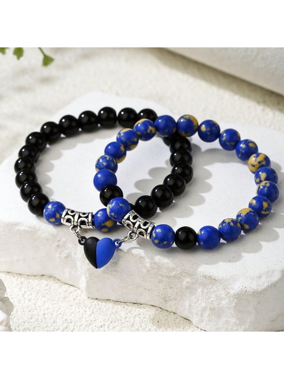 Natural Stone Couple Magnetic Bracelets - Heart Magnet Beaded, Valentine's Friendship Jewelry