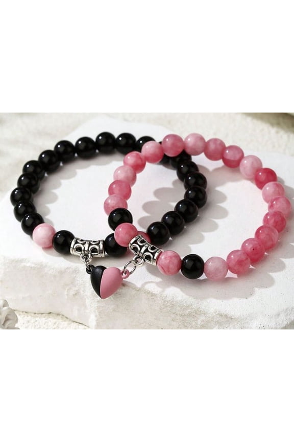 Natural Stone Couple Magnetic Bracelets - Heart Magnet Beaded, Valentine's Friendship Jewelry