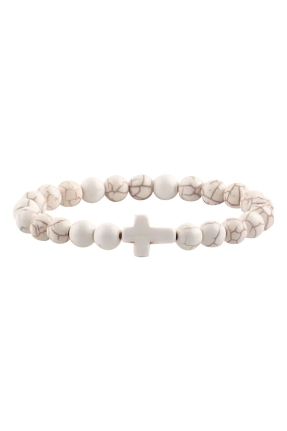 Natural Stone Cross Bracelet - Adjustable Stretch Beaded Christian Jewelry for Women Men, Religious Catholic Gift,Christian Cross Beaded Bracelet,Baptism & Communion Jewelry(White,)
