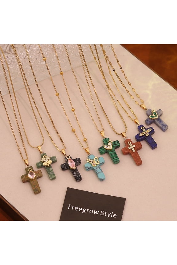 Natural Stone Cross Pendant Necklace — A Perfect Gift for Women, Daughters, Girlfriends, Wives, Moms, and Other Adult Females.