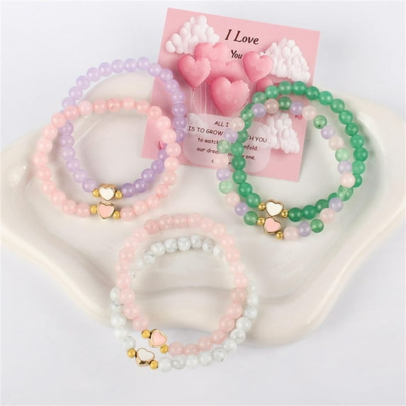 Natural Stone Friendship Bracelet Set for Kids Classroom - Valentine's Day Exchange Gifts with Heart Cards - Adjustable Partner Bracelets