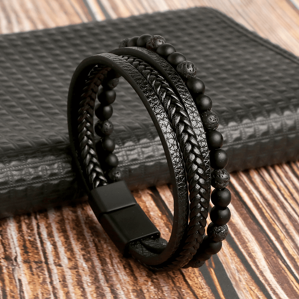 AMARE BEAUTY Natural Stone Lava Matte Black Onyx Leather Beaded Bracelet Men's