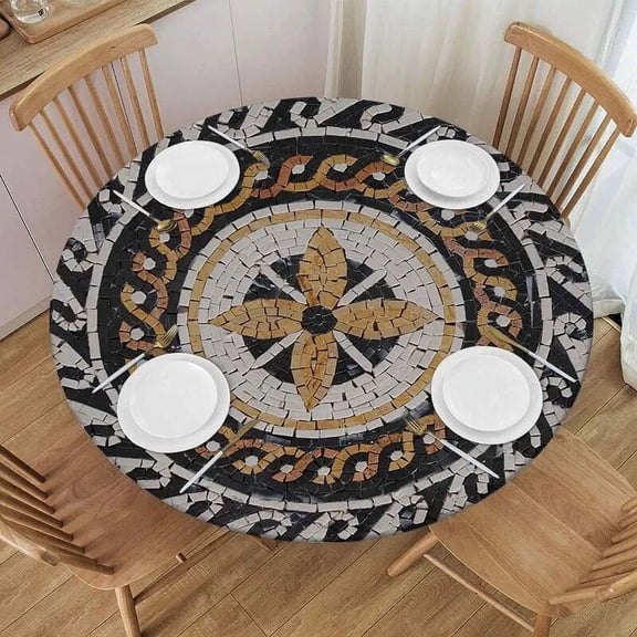 Natural Stone Mosaic Round Tablecloth Marble Elastic Fitted Table Covers for Indoor and Outdoor Kitchen Table Party Decorations
