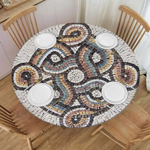 Natural Stone Mosaic Round Tablecloth Marble Elastic Fitted Table Covers for Indoor and Outdoor Kitchen Table Party Decorations