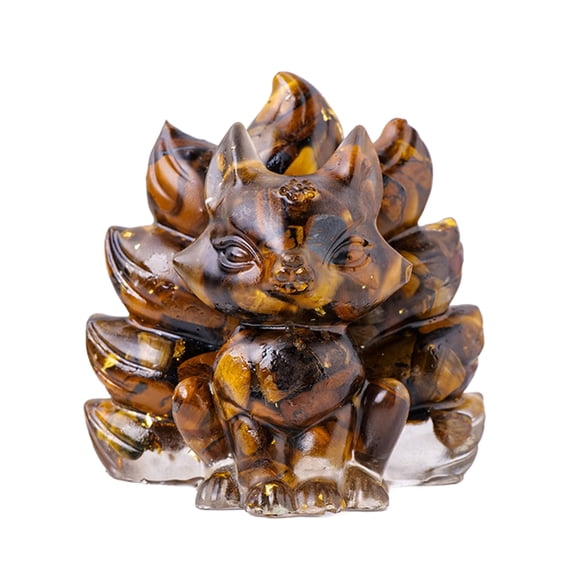 Natural Stone Nine-tailed Foxes Figurine Positive Healing Energy Hand-carved Colorful Faux Crystal Sitting Animal Statue Home Office Desktop Decoration Ornament