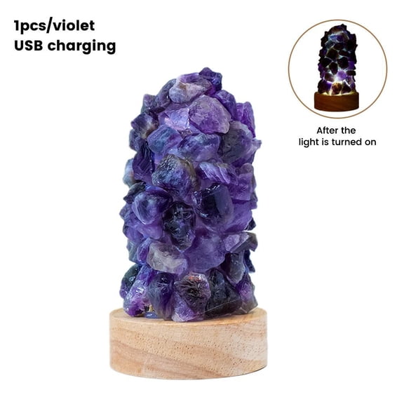 Natural Stone Salt Lamp with USB Charging and Wooden Base for Bedroom and Meditation