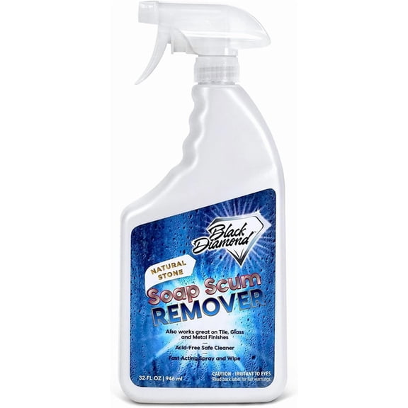 Natural Stone Shower Soap Scum Cleaner Spray. For cleaning bathtub, glass doors, tubs, limestone, marble, tile. Heavy duty, safe non-acid cleaner. Suitable for fixtures.
