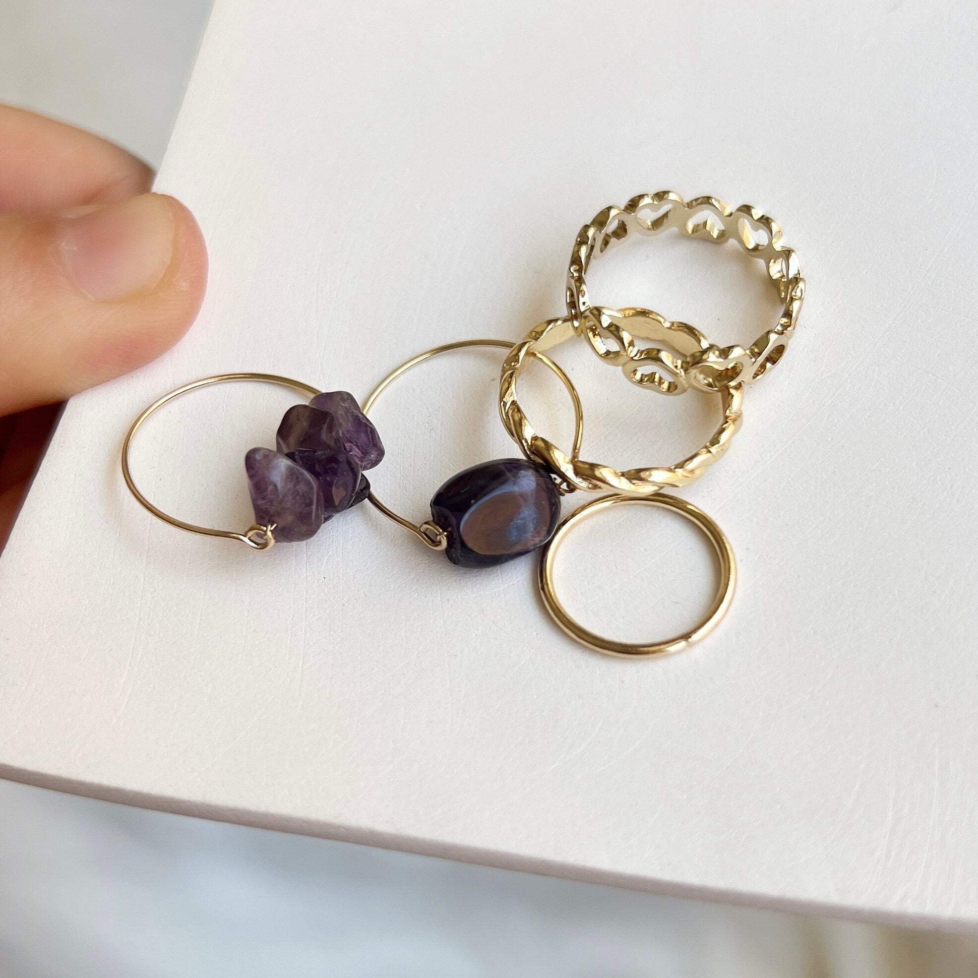 Natural Stone Stackable Ring Set, Boho Style Multiple Finger Rings ...