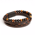 Natural Stone Tiger Eye Matte Black Onyx Leather Beaded Bracelet Men's