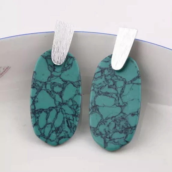 Natural Stone Turquoise Oval with Silver Brass Bar Statement Earrings Accessory