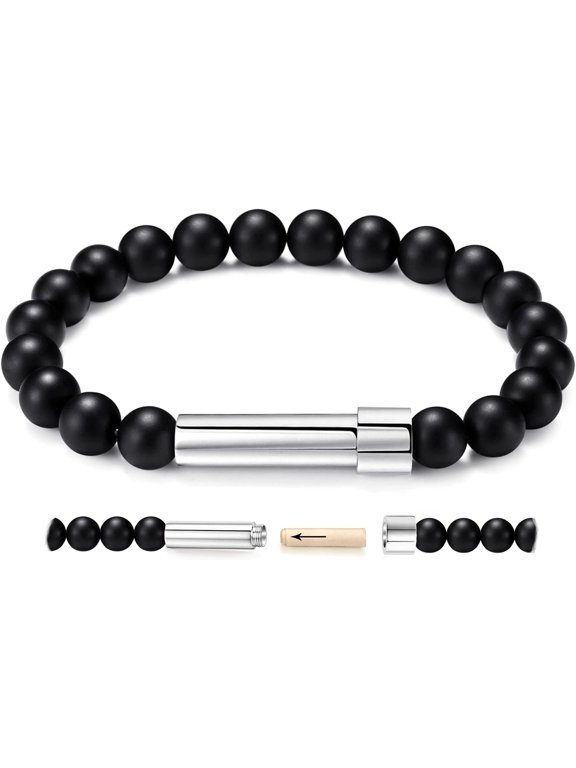 Natural Stone Wish Bracelet with Stainless Steel Capsule - Secret Message Stretch Beaded Bracelet for Women Spiritual Jewelry Gift-blackagatematte-