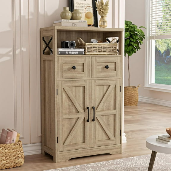 Natural Storage Cabinet with Doors and Shelves, Standing Kitchen Pantry Cabinet, Floor Storage Hutch Cupboard, Coffee Bar Station for Dining, Living Room, Home Office
