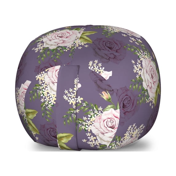 Natural Storage Toy Bag Chair, Floral Theme Roses and Little Flowers with Leaves in Watercolor Paint, Stuffed Animal Organizer Washable Bag, Small Size, Rose and Pale Eggplant, by Ambesonne