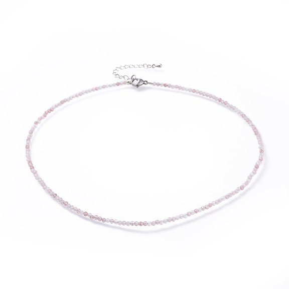 Natural Strawberry Quartz Beaded Necklaces with 304 Stainless Steel Lobster Claw Clasps and Brass Extender Chains Faceted 15.8 inch(40.2cm)