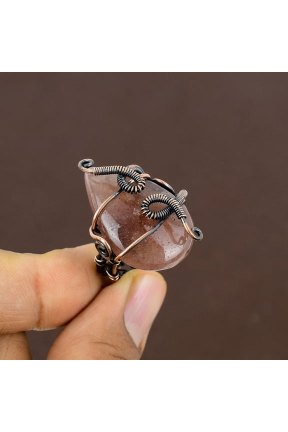 Natural Strawberry Quartz Gemstone Copper Wire Wrap Gift Ring Size 5.5