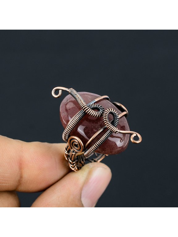 Natural Strawberry Quartz Gemstone Handmade Copper Wire Wrap Ring Size 7