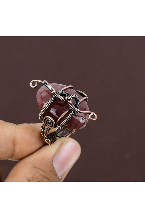 Natural Strawberry Quartz Gemstone Handmade Copper Wire Wrap Ring Size 7