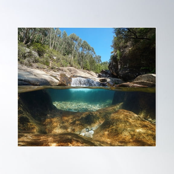 Natural Stream With Small Waterfall River Landscape Over Under Water Poster Wall Art, Modern Wall Decor For Living Room Bedroom, 12x18 UNFRAMED