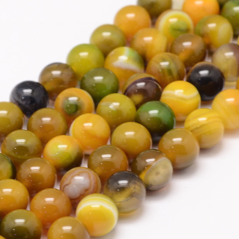 Natural Striped Agate/Banded Agate Bead Strands Round Dyed & Heated Yellow Green 8mm Hole: 1mm about 47~48pcs/strand 14.5 inch