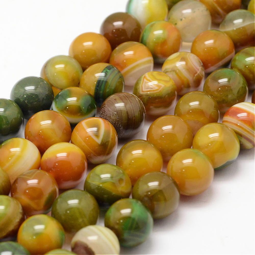 Natural Striped Agate/Banded Agate Bead Strands Round Grade A Dyed Heated Yellow Green 10mm Hole: 1mm 37~38pcs/strand 14.5 inch
