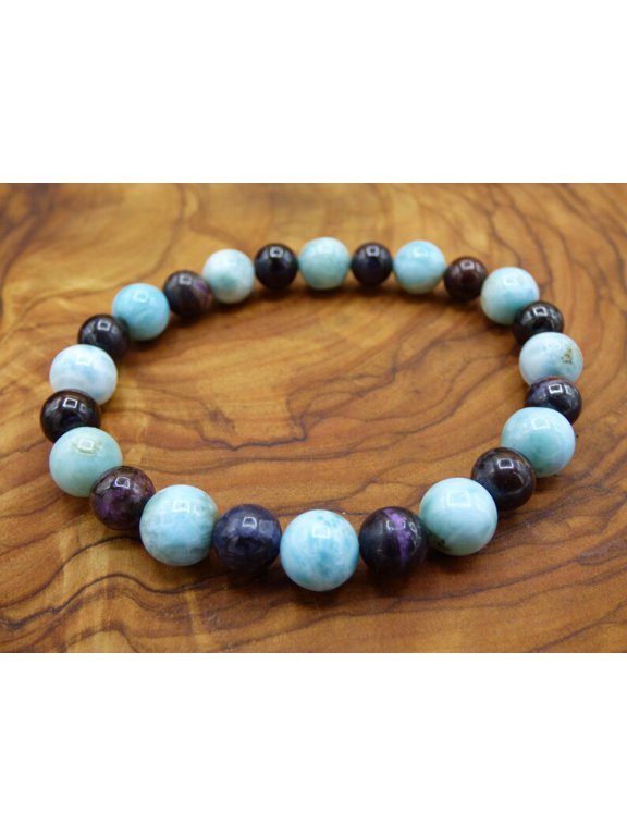 Natural Sugilite, Larimar & Charoite 8-10mm Round Shape Smooth Cut Beads Stretchable Bracelet for Men & Women.