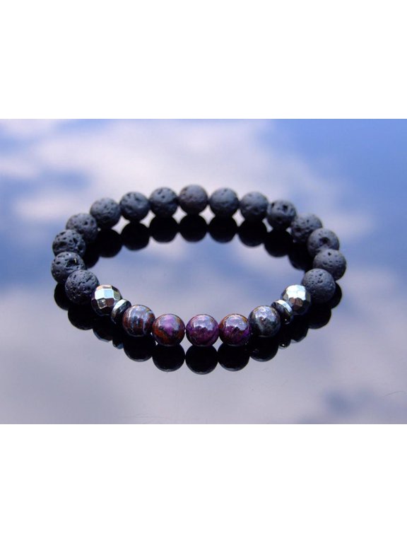 Natural Sugilite & Volcanic Lava 8mm Round Shape Smooth Cut Beads Stretchable Bracelet for Men & Women.