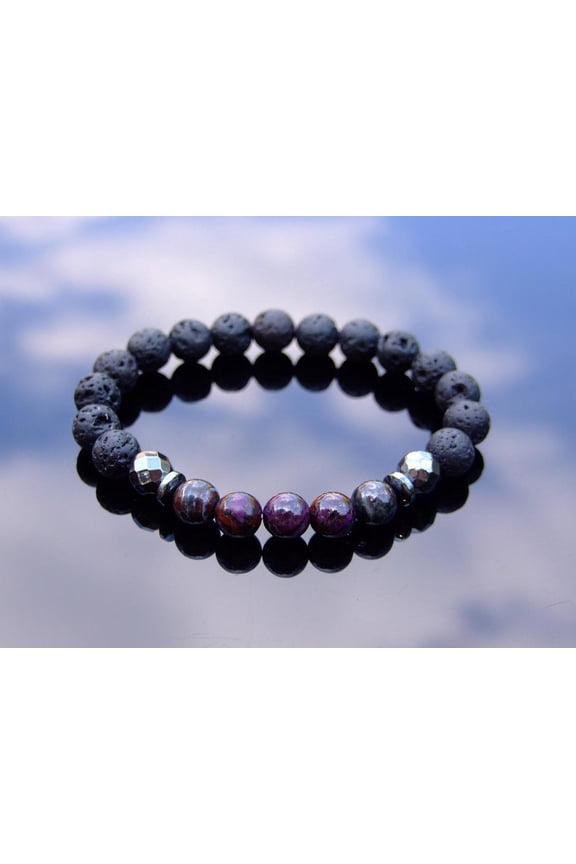 Natural Sugilite & Volcanic Lava 8mm Round Shape Smooth Cut Beads Stretchable Bracelet for Men & Women.