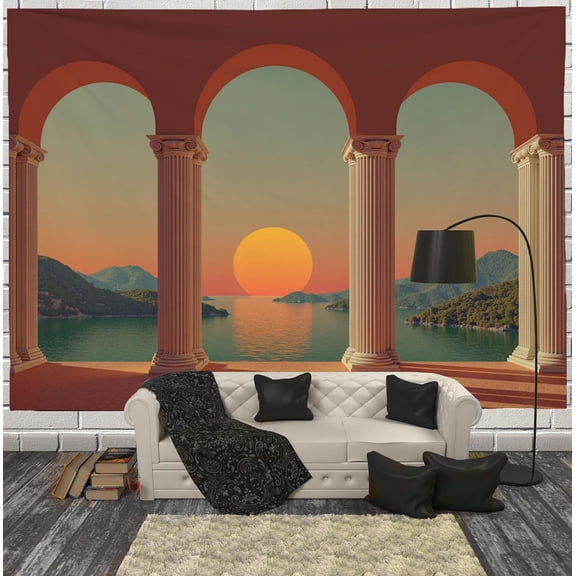 Natural Sunset View Tapestry Retro Corridor Columns Tapestries Wall Hanging Vintage Orange Large Tapestry Decor For Bedroom Living Room Dorm Classroom 90 X 60 Inch