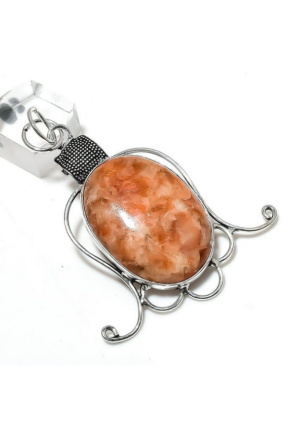 Natural Sunstone Gemstone Handmade 925 Sterling Silver Pendant 2.68"