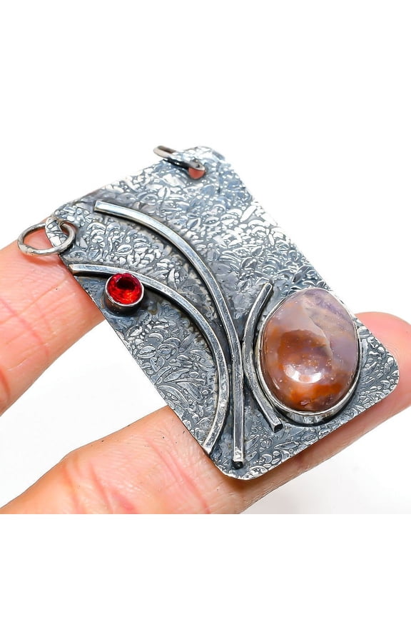 Natural Sunstone In Lolite,Garnet Stone 925 Sterling Silver Pendant 2.36"