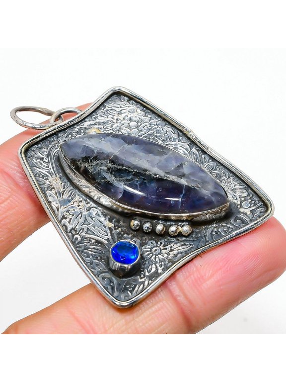 Natural Sunstone In Lolite,Topaz Gemstone 925 Sterling Silver Pendant 2.17"