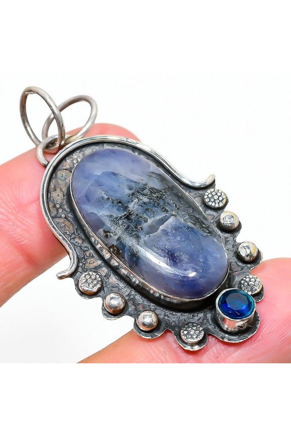 Natural Sunstone In Lolite,Topaz Gemstone 925 Sterling Silver Pendant 2.25"