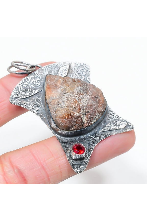 Natural Sunstone Rough, Garnet Gemstone 925 Sterling Silver Pendant 2.56"
