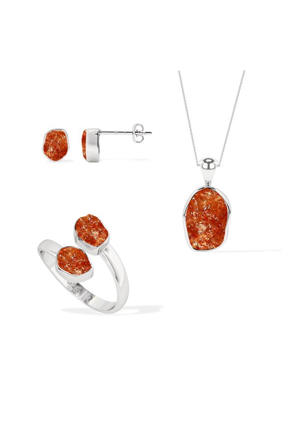 Natural Sunstone Rough Shape Jewelry Set (Necklace, Ring, and Earrings) in Sterling Silver for Women, July, August Birthstone Jewelry for Her Birthday, Wedding Anniversary, Christmas, Mothers Day