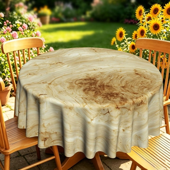 Natural Swirling Burl Wood Grain 2D Print Round Tablecloth, Fabric Decorative Cover for Daily Kitchen Dining, Backyard Patio Garden, Seasonal Holiday Decor