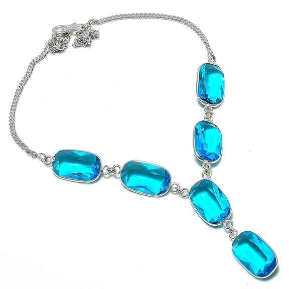 Natural Swiss Blue Topaz Gemstone 925 Sterling Silver Jewelry Necklace 18"