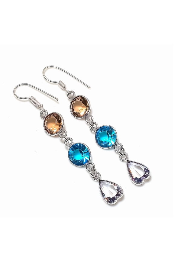 Natural Swiss Blue Topaz, Morganite 925 Sterling Silver Earring 2.36"