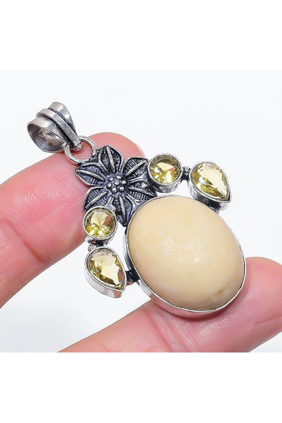 Natural Swiss Green Opal, Citrine 925 Sterling Silver Jewelry Pendant 2.01"