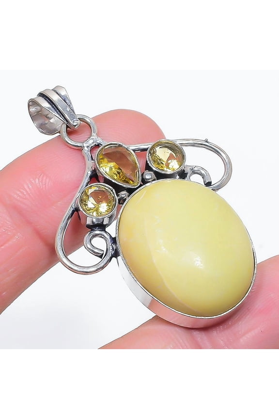 Natural Swiss Green Opal, Citrine 925 Sterling Silver Jewelry Pendant 2.05"