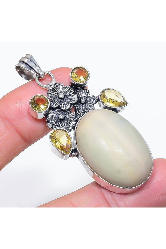 Natural Swiss Green Opal, Citrine 925 Sterling Silver Jewelry Pendant 2.29"