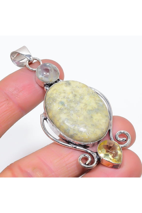 Natural Swiss Green Opal, Citrine 925 Sterling Silver Jewelry Pendant 2.96"