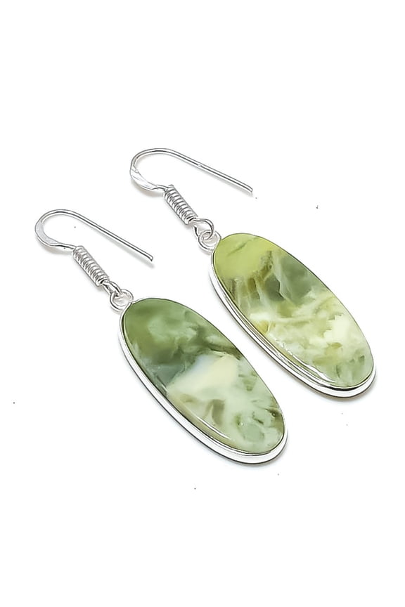 Natural Swiss Green Opal Gemstone 925 Sterling Silver Jewelry Earring 1.97"