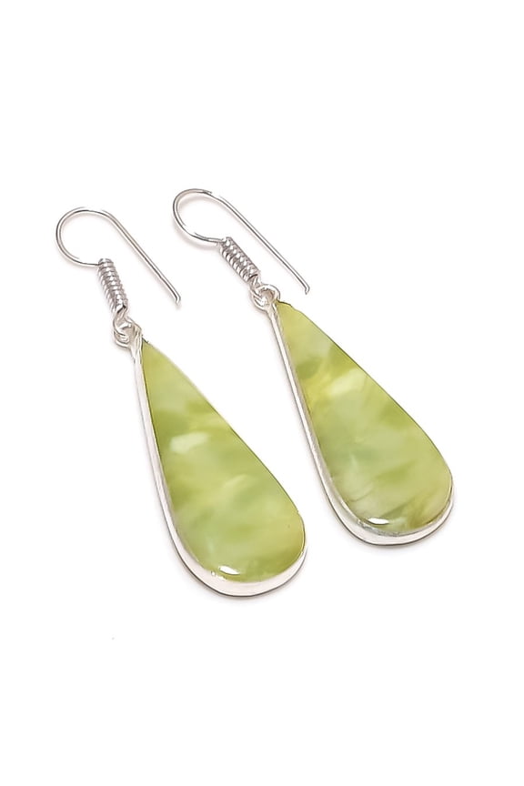 Natural Swiss Green Opal Gemstone 925 Sterling Silver Jewelry Earring 1.97"