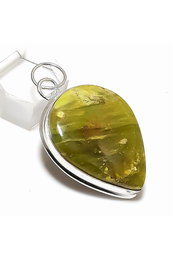 Natural Swiss Green Opal Gemstone 925 Sterling Silver Jewelry Pendant 2.05"