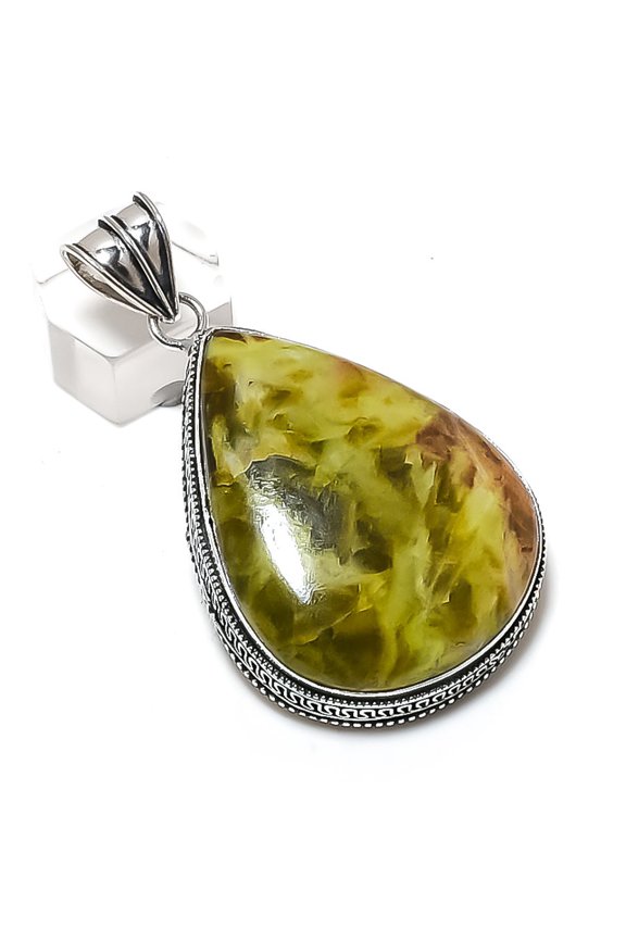 Natural Swiss Green Opal Gemstone 925 Sterling Silver Jewelry Pendant 2.48"