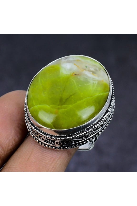 Natural Swiss Green Opal Gemstone 925 Sterling Silver Ring Size 8.5