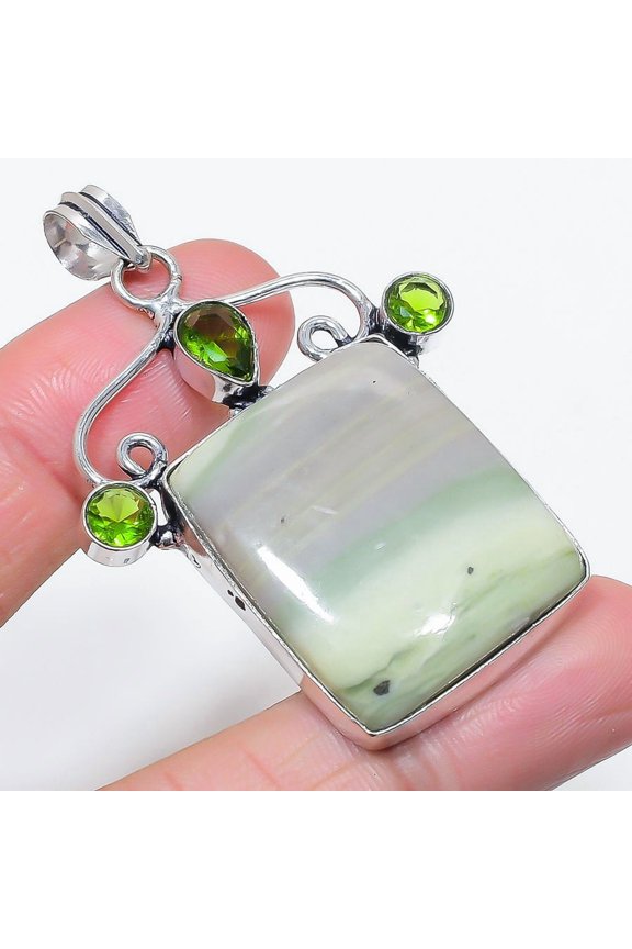 Natural Swiss Green Opal, Peridot 925 Sterling Silver Jewelry Pendant 2.48"