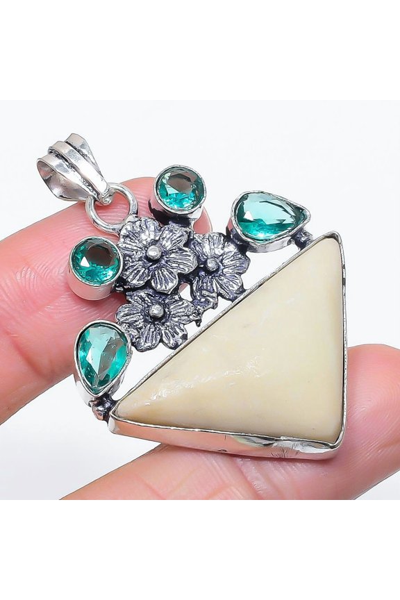 Natural Swiss Green Opal, Tourmaline 925 Sterling Silver Pendant 2.01"
