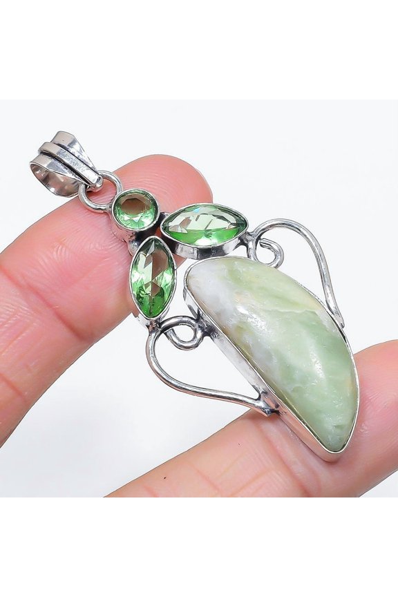 Natural Swiss Green Opal, Tsavorite 925 Sterling Silver Pendant 2.36"